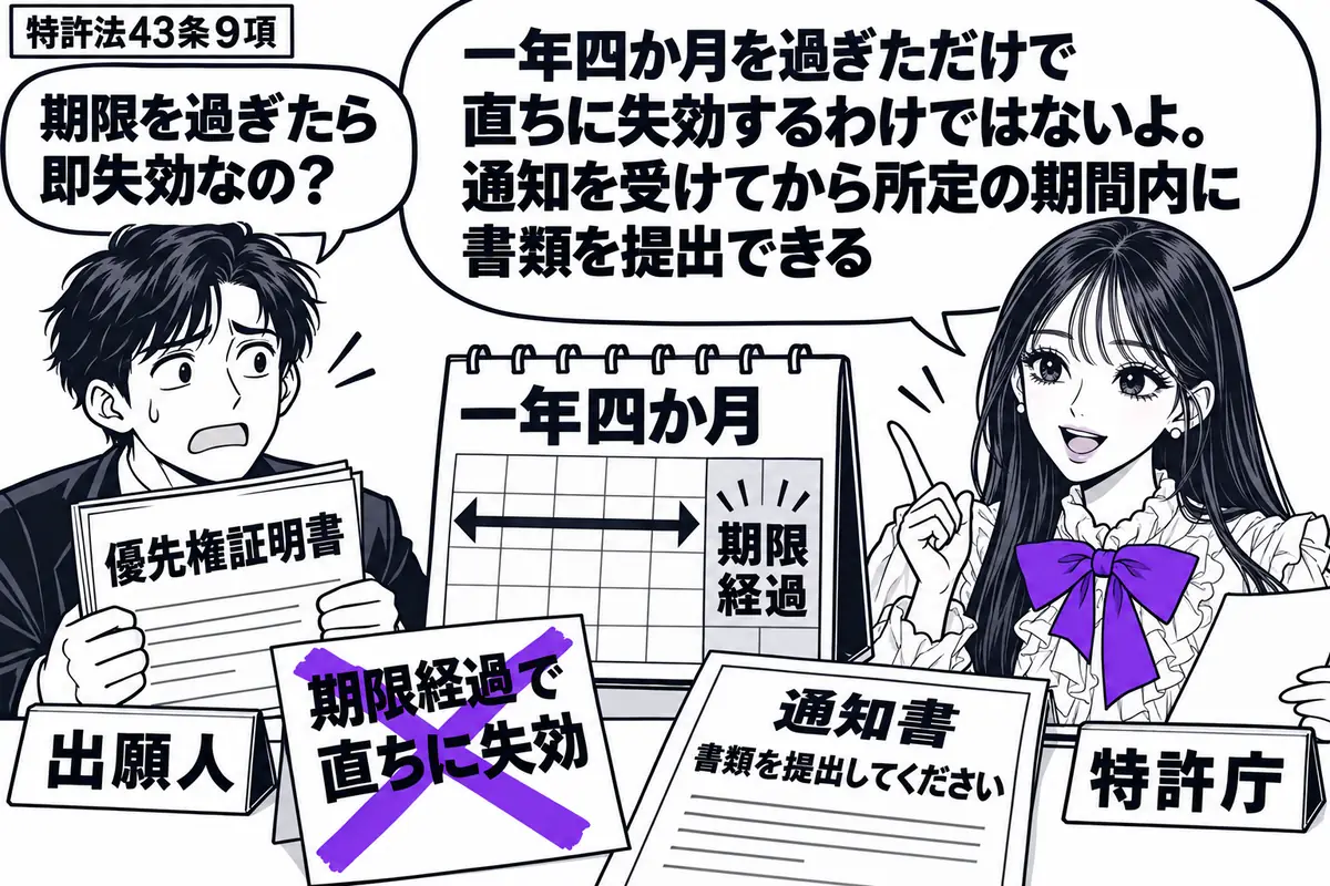 先生が窓口の右に立つ特許庁役(札「特許庁」)。左の男性(札「出願人」)が優先権証明書を抱え、机には提出を促す通知書と一年四か月の期限を過ぎたカレンダー。男性の「期限経過で直ちに失効」の付箋にヴァイオレットの×印。先生の吹き出し「一年四か月を