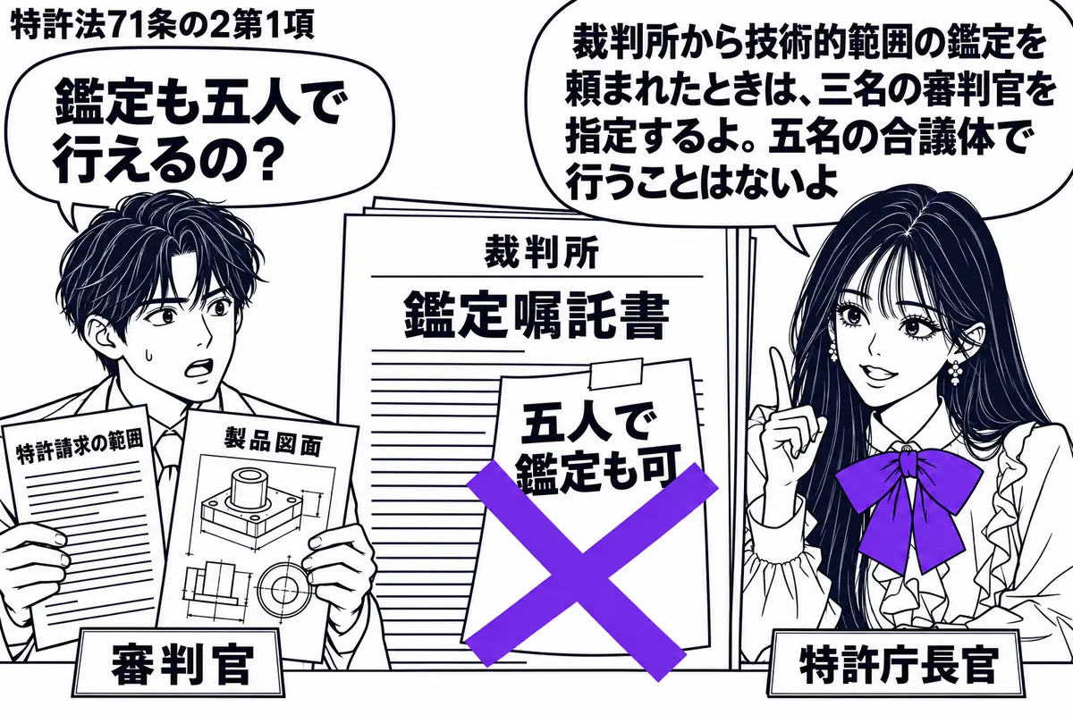 先生が右の机に座る特許庁長官役(札「特許庁長官」)。左に特許請求の範囲と製品図面を持つ男性(札「審判官」)。中央の裁判所からの鑑定嘱託書に貼った「五人で鑑定も可」の付箋にヴァイオレットの×印。先生の吹き出し「裁判所から技術的範囲の鑑定を頼ま