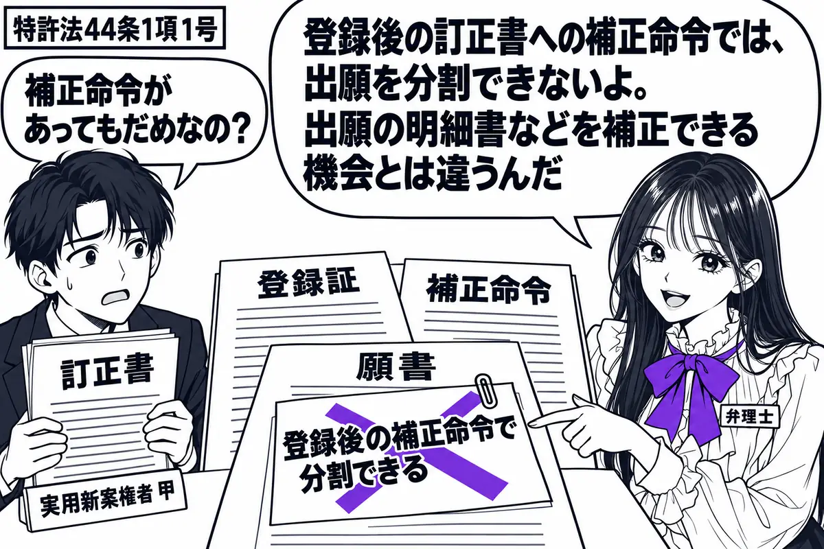先生が机の右で弁理士役(札「弁理士」)。左に訂正書を抱えた男性(札「実用新案権者 甲」)、中央に登録証と補正命令の書類を置く。新しい願書に貼った「登録後の補正命令で分割できる」の付箋に大きなヴァイオレットの×印。先生の吹き出し「登録後の訂正
