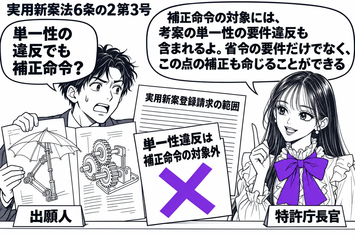 先生が窓口の右に立つ特許庁長官役(札「特許庁長官」)。左の男性(札「出願人」)が、関連のない二つの考案の図面と実用新案登録請求の範囲を広げる。書類の「単一性違反は補正命令の対象外」の付箋にヴァイオレットの×印。先生の吹き出し「補正命令の対象