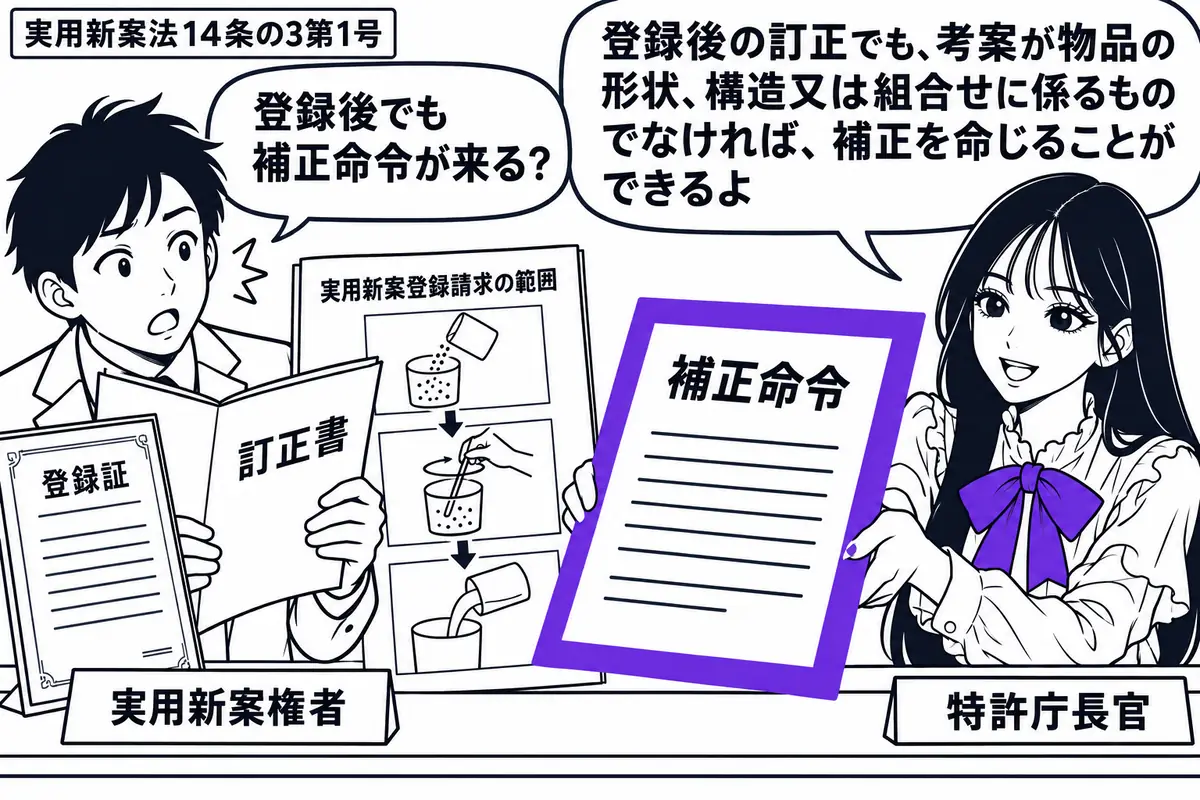 先生が右の窓口で特許庁長官役(札「特許庁長官」)。左の男性(札「実用新案権者」)が、登録証の横で訂正書を開く。添付の「実用新案登録請求の範囲」には方法の手順を描き、先生が差し出す「補正命令」の書類をヴァイオレットの枠で囲む。先生の吹き出し「