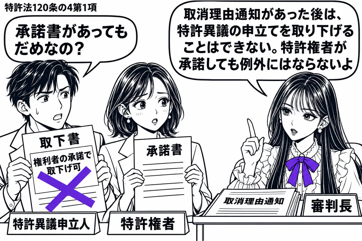 先生が右の審理机で審判長役(札「審判長」)。左に取下書を持つ男性(札「特許異議申立人」)、隣の女性(札「特許権者」)は承諾書を添える。机に届いた「取消理由通知」を置き、取下書の「権利者の承諾で取下げ可」の付箋にヴァイオレットの×印。先生の吹