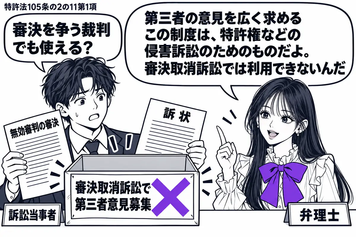 先生が右の相談机に立つ弁理士役(札「弁理士」)。左の男性(札「訴訟当事者」)が「無効審判の審決」と訴状を並べ、一般から集める意見書用の空箱を持つ。箱に貼った「審決取消訴訟で第三者意見募集」の付箋にヴァイオレットの×印。先生の吹き出し「第三者