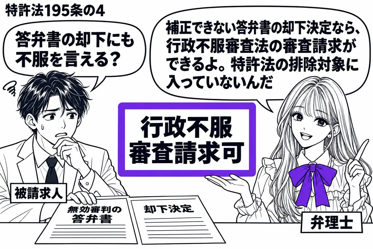先生が右で弁理士役（札「弁理士」）。左の男性（札「被請求人」）が無効審判の答弁書と却下決定を机に置く。答弁書には補正できず困った様子の男性の手を添える。中央の「行政不服審査請求可」の付箋をヴァイオレットの枠で囲む。先生の吹き出し「補正できな