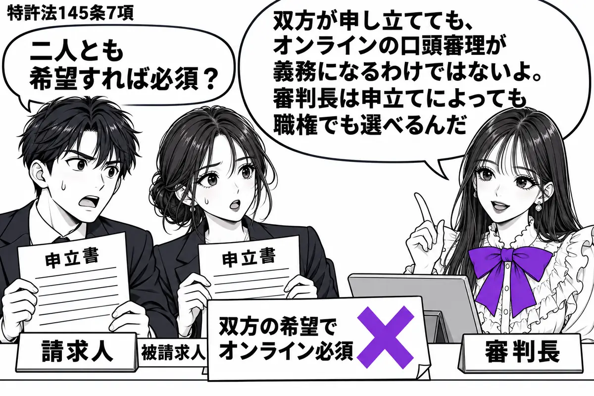 先生が右の審理机で審判長役（札「審判長」）。左に男性と女性（札「請求人」「被請求人」）が並び、無効審判の口頭審理について双方の申立書を出す。机に通話用端末を置き、「双方の希望でオンライン必須」の付箋にヴァイオレットの×印。先生の吹き出し「双