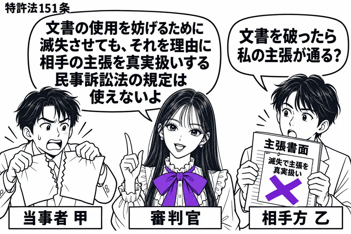 先生が中央で審判官役（札「審判官」）。左の男性（札「当事者 甲」）が提出すべき文書を破り、右の男性（札「相手方 乙」）が主張書面を掲げる。その書面の「滅失で主張を真実扱い」の付箋にヴァイオレットの×印。先生の吹き出し「文書の使用を妨げるため