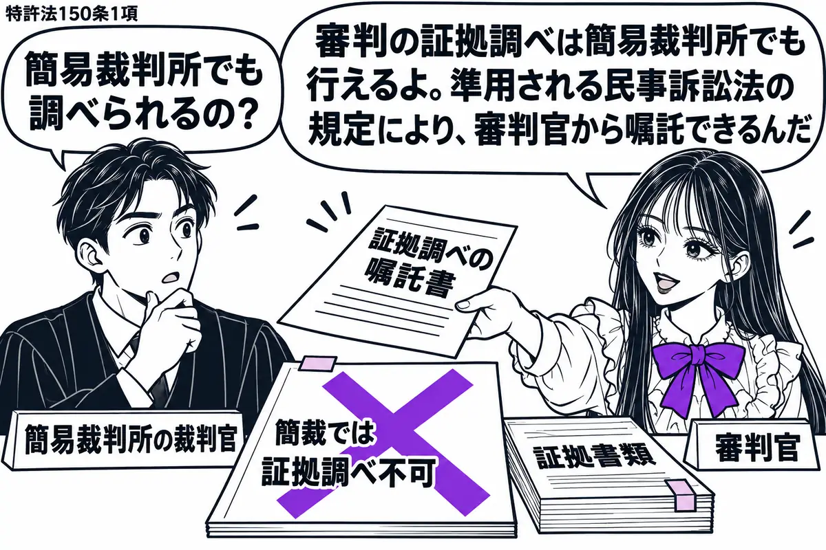 先生が右で審判官役（札「審判官」）。中央の机に証拠調べの嘱託書と証拠書類を置き、左の男性（札「簡易裁判所の裁判官」）へ嘱託書を差し出す。机の「簡裁では証拠調べ不可」の付箋に大きなヴァイオレットの×印。先生の吹き出し「審判の証拠調べは簡易裁判