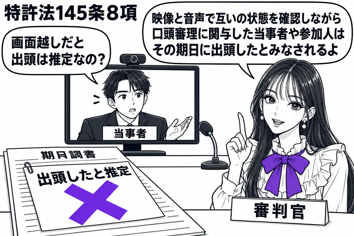 先生が右で審判官役（札「審判官」）。中央にカメラとマイク付きの画面、画面内に離れた場所から口頭審理に関わる男性（札「当事者」）。机の期日調書に貼った「出頭したと推定」の付箋に大きなヴァイオレットの×印。先生の吹き出し「映像と音声で互いの状態
