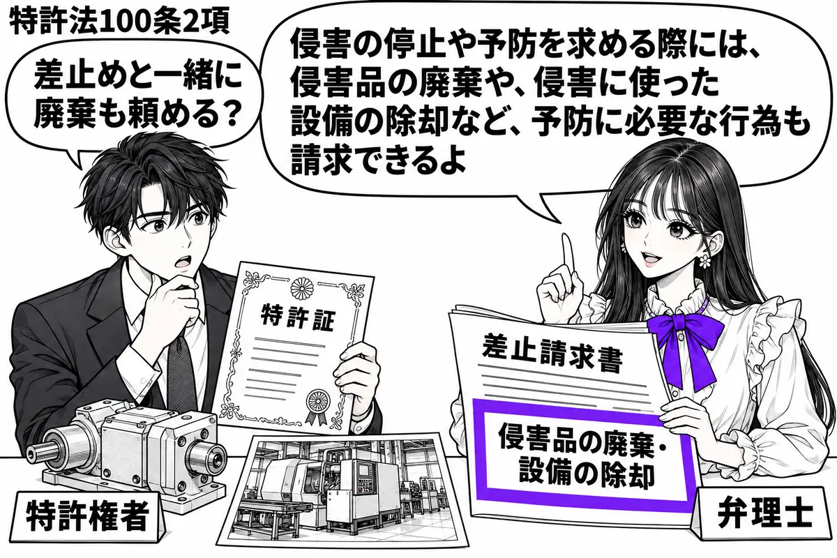 先生が右の相談机に立つ弁理士役(札「弁理士」)。左の男性(札「特許権者」)が特許証を持ち、机に侵害品と製造設備の写真を並べる。先生は「差止請求書」を開き、付随する「侵害品の廃棄・設備の除却」の欄をヴァイオレットの枠で囲む。先生の吹き出し「侵