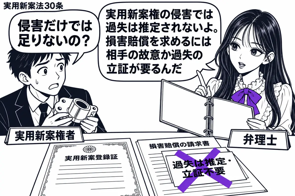 先生が右の相談机にいる弁理士役(札「弁理士」)。左に部品の見本を抱えた男性(札「実用新案権者」)。机に実用新案登録証と損害賠償の請求書を並べ、請求書に貼った「過失は推定・立証不要」の付箋に大きなヴァイオレットの×印。先生は証拠を入れる空のフ