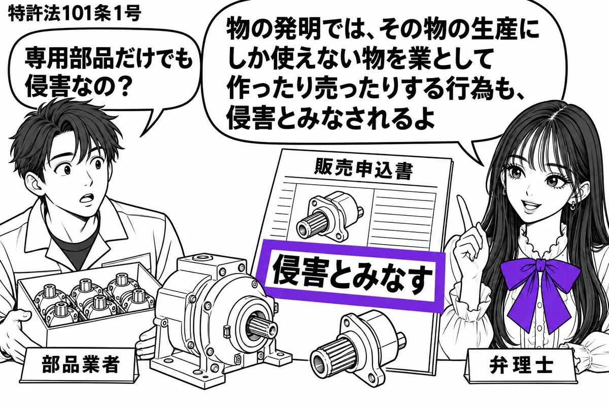先生が右の机にいる弁理士役(札「弁理士」)。左に専用部品の箱を持つ男性(札「部品業者」)。中央に特許製品の模型と、その生産にしか使えない部品を置き、部品の販売申込書に付けた「侵害とみなす」の札をヴァイオレットの枠で囲む。先生の吹き出し「物の