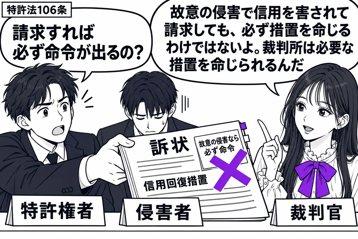 先生が机の右で裁判官役(札「裁判官」)。左の男性(札「特許権者」)が信用回復措置を求める訴状を差し出し、隣の男性(札「侵害者」)はうつむく。訴状の「故意の侵害なら必ず命令」の付箋にヴァイオレットの×印。先生の吹き出し「故意の侵害で信用を害さ