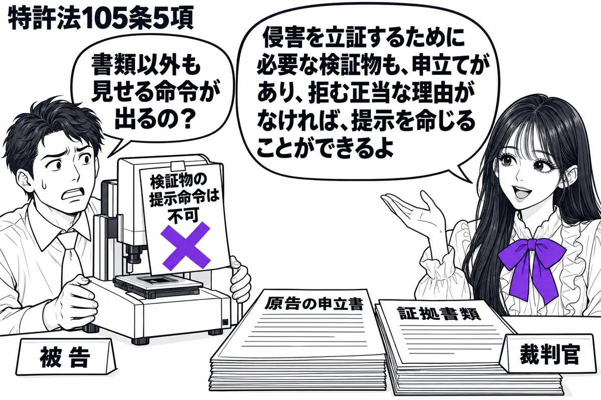 先生が右で裁判官役(札「裁判官」)。左の男性(札「被告」)が検証用の機械を抱え、中央の机に原告の申立書と証拠書類がある。機械に添えた「検証物の提示命令は不可」の付箋にヴァイオレットの×印。先生の吹き出し「侵害を立証するために必要な検証物も、