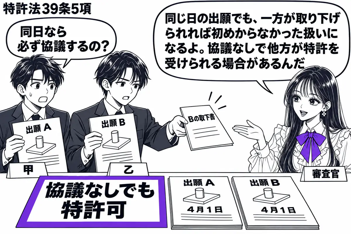 先生が右の窓口にいる審査官役(札「審査官」)。左に同じ発明の願書を持つ二人(札「甲」「乙」)。机に同じ日付の出願A・Bを並べ、乙がBの取下書を差し出している。Aに添えた「協議なしでも特許可」の札をヴァイオレットの枠で囲む。先生の吹き出し「同