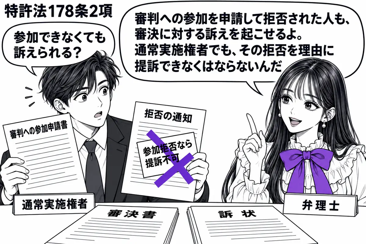 先生が右の相談机にいる弁理士役（札「弁理士」）。左に審判への参加申請書と拒否の通知を持つ男性（札「通常実施権者」）。机には審決書と訴状の用紙があり、通知に貼った「参加拒否なら提訴不可」の付箋にヴァイオレットの×印。先生の吹き出し「審判への参