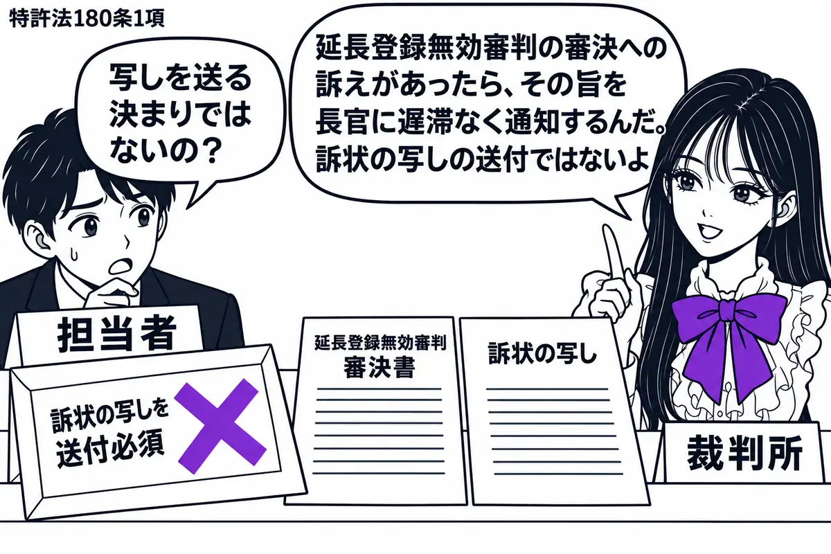 先生が右の窓口に立つ裁判所職員役（札「裁判所」）。左の職員（札「担当者」）が延長登録無効審判の審決書と訴状の写しを並べ、送付用封筒に「訴状の写しを送付必須」の付箋を貼る。その付箋にヴァイオレットの×印。先生の吹き出し「延長登録無効審判の審決