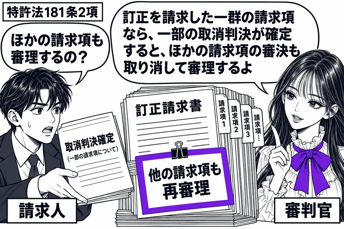 先生が審判官役（札「審判官」）で右側。中央に「訂正請求書」と、ひと束になった一群の請求項の紙。左の男性（札「請求人」）が、一部の請求項についての「取消判決確定」の書類を差し出す。束全体に付けた「他の請求項も再審理」の付箋をヴァイオレットの枠