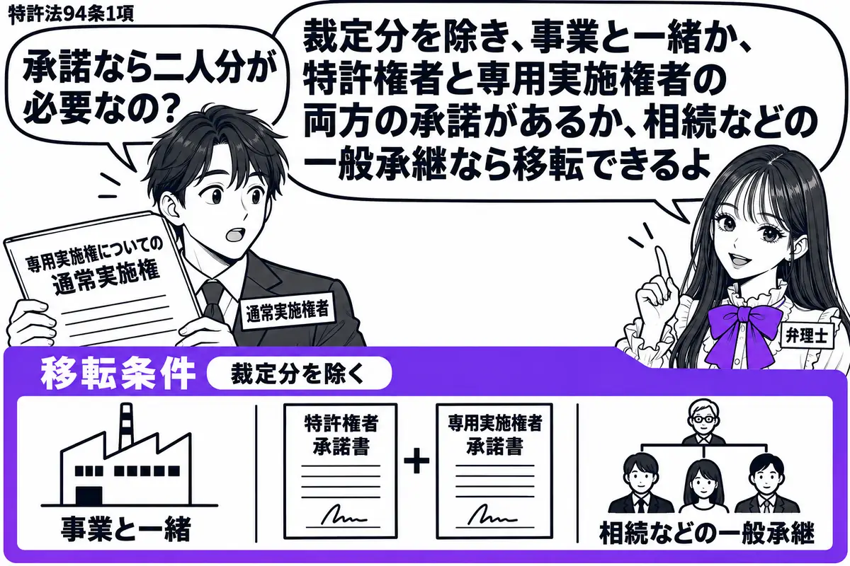 先生が弁理士役(札「弁理士」)で右側。左の男性(札「通常実施権者」)が「専用実施権についての通常実施権」の契約書を持つ。机の移転条件表には工場、二人の承諾書、相続の家系図を並べ、「裁定分を除く」と添えて全体をヴァイオレットの枠で囲む。先生の