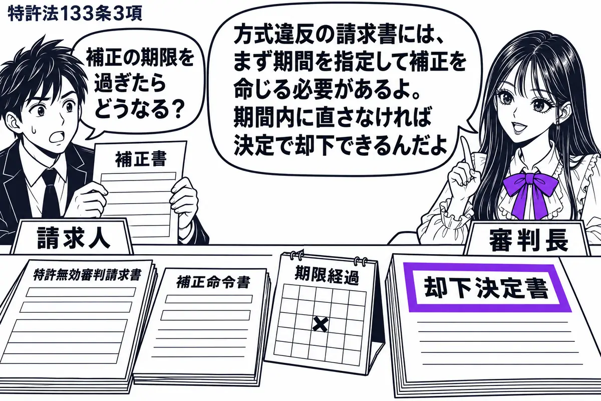 先生が机の右で審判長役（札「審判長」）。左の男性（札「請求人」）の前に、方式不備のある特許無効審判請求書と補正命令書。期限を過ぎたカレンダーの隣に却下決定書を置き、その表題をヴァイオレットの枠で囲む。男性は未記入の補正書を持っている。先生の