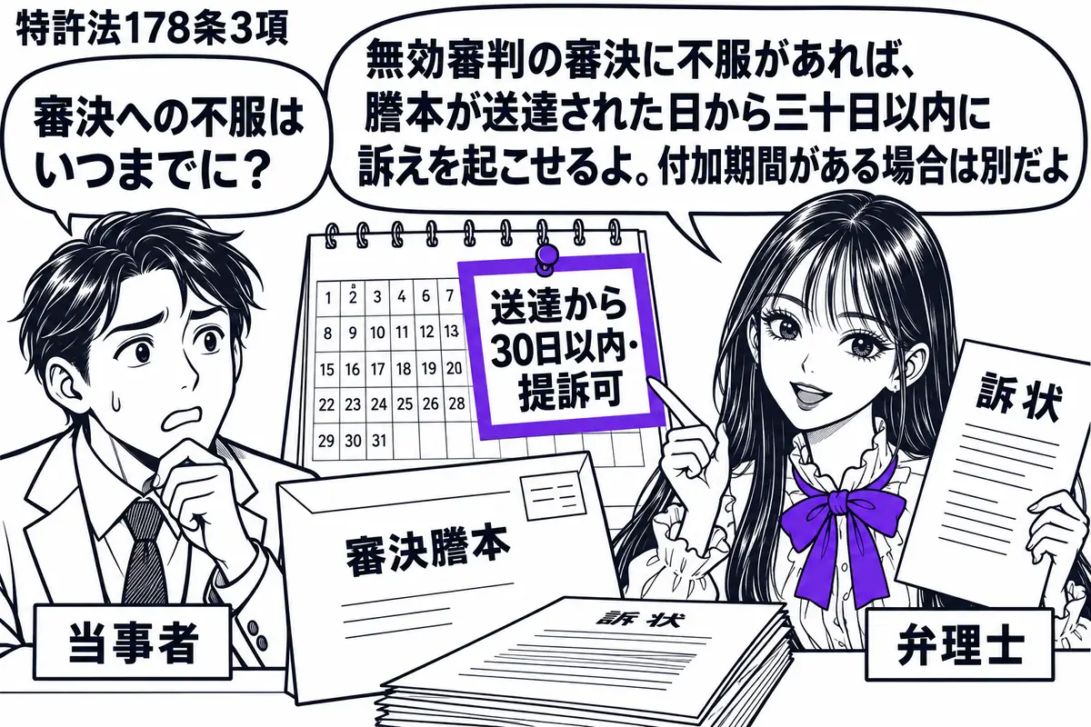 先生が弁理士役（札「弁理士」）で右の机に座る。左に無効審判の当事者（札「当事者」）、中央に届いた審決謄本の封筒と訴状を置く。封筒の横の暦に「送達から30日以内・提訴可」の付箋を付け、ヴァイオレットの枠で囲む。先生は訴状を手に期限を示す。先生