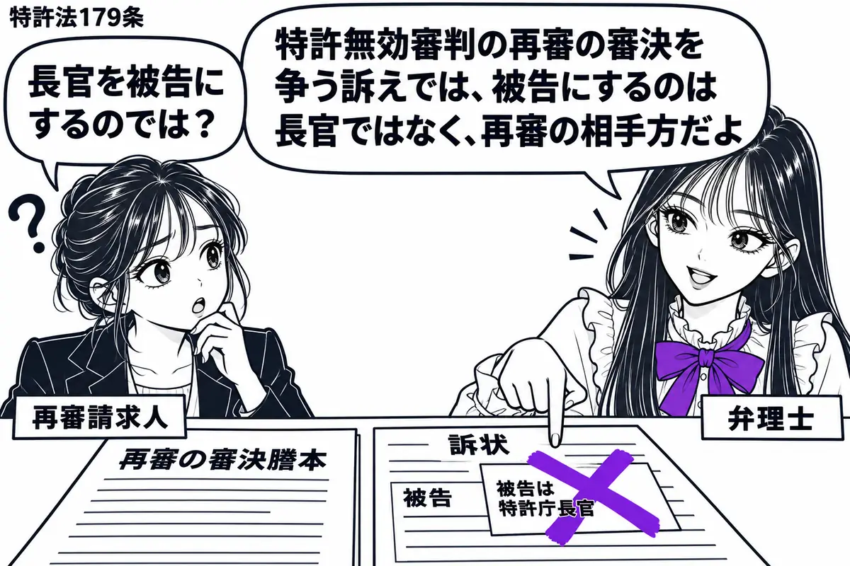 先生が弁理士役（札「弁理士」）で右側。左に再審の当事者（札「再審請求人」）が立ち、机に再審の審決謄本と訴状を並べている。訴状の「被告は特許庁長官」という付箋に大きなヴァイオレットの×印。先生は訴状の被告欄を指している。先生の吹き出し「特許無