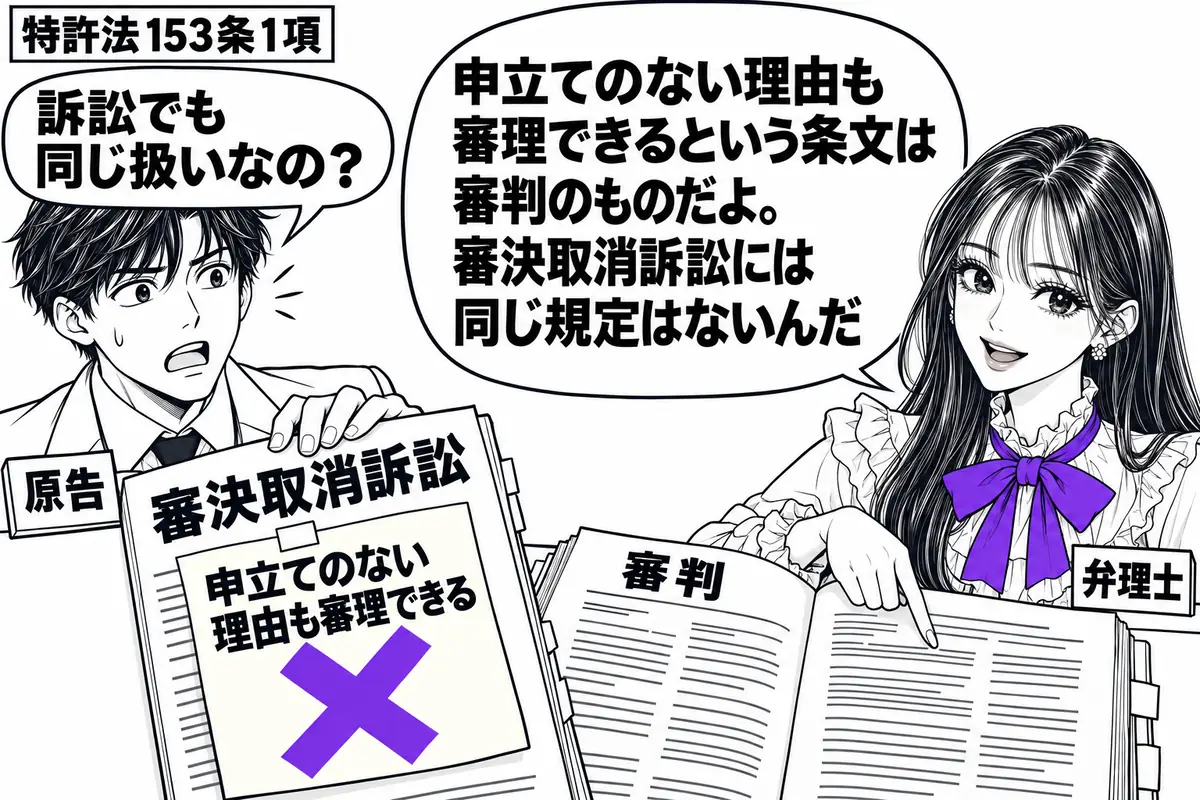 先生が法廷の右で弁理士役（札「弁理士」）。左の男性（札「原告」）が「審決取消訴訟」の訴状を机に置き、「申立てのない理由も審理できる」と書いた付箋を添えている。その付箋に大きなヴァイオレットの×印。先生は脇に開いた審判の資料を指して説明する。