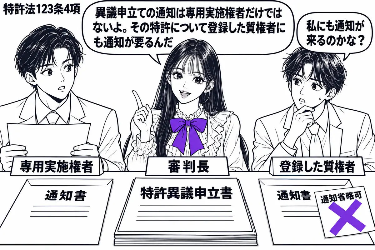 先生が審判長役(札「審判長」)で中央。左に専用実施権者(札「専用実施権者」)、右に質権者(札「登録した質権者」)が座り、机には特許異議申立書と二人分の通知書。質権者宛ての封筒に付けた「通知省略可」の付箋にヴァイオレットの×印。先生の吹き出し