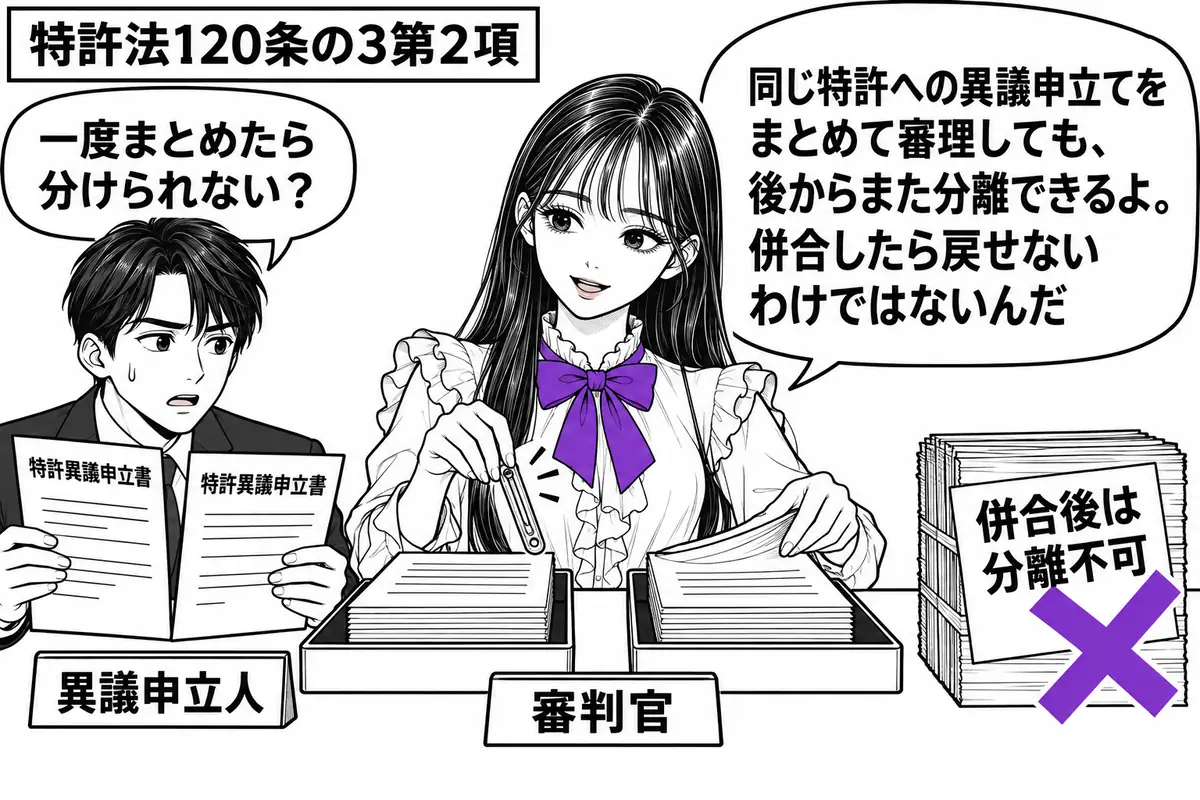 先生が中央の机で審判官役(札「審判官」)。左に二通の特許異議申立書を見つめる男性(札「異議申立人」)。同じ特許の書類をまとめたファイルに「併合後は分離不可」の付箋があり、そこへヴァイオレットの×印。先生は留め具を外して二つの書類入れに分けて