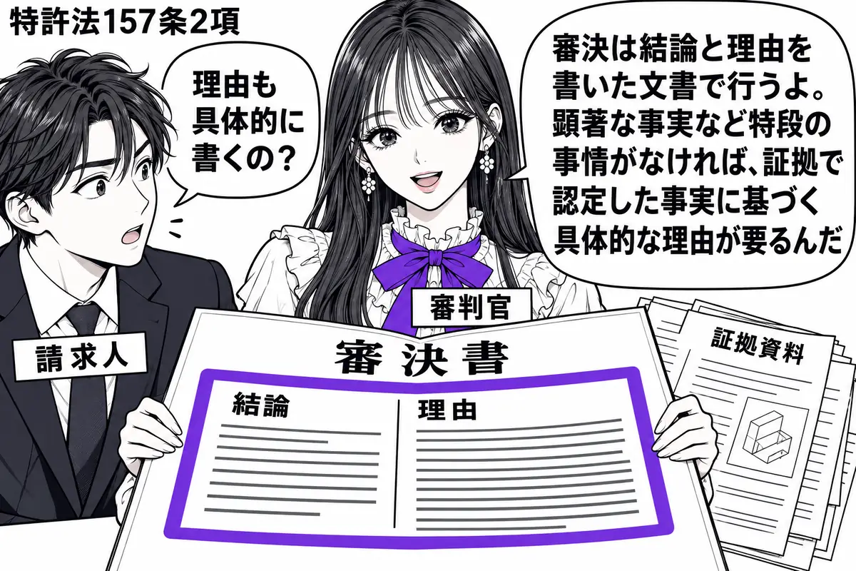 先生が中央で審判官役（札「審判官」）。左の男性（札「請求人」）に「審決書」を開いて示す。紙面には短く「結論」「理由」の二欄があり、理由欄の横に証拠資料を重ねて置く。二欄を一つのヴァイオレットの枠で囲む。先生の吹き出し「審決は結論と理由を書い