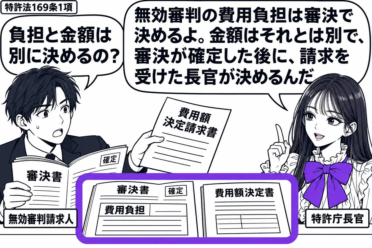先生が右で特許庁長官役（札「特許庁長官」）。左の男性（札「無効審判請求人」）が確定した審決書を開き、費用額の決定を求める書類を差し出す。机の上で審決書の「費用負担」欄と後日の「費用額決定書」を一つのヴァイオレットの枠で囲む。先生の吹き出し「