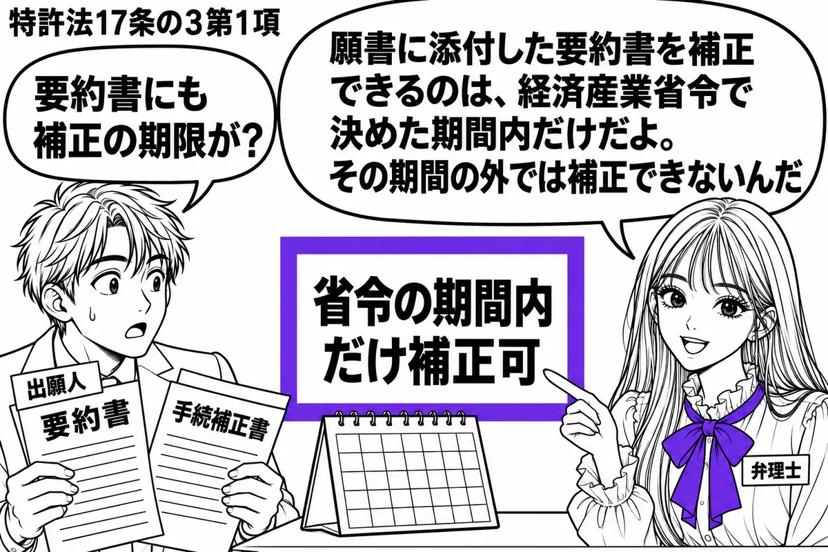 先生が右で弁理士役(札「弁理士」)。左の男性(札「出願人」)が「要約書」と手続補正書を持ち、机のカレンダーを見ている。カレンダーの横の「省令の期間内だけ補正可」という付箋をヴァイオレットの枠で囲み、先生が指している。先生の吹き出し「願書に添