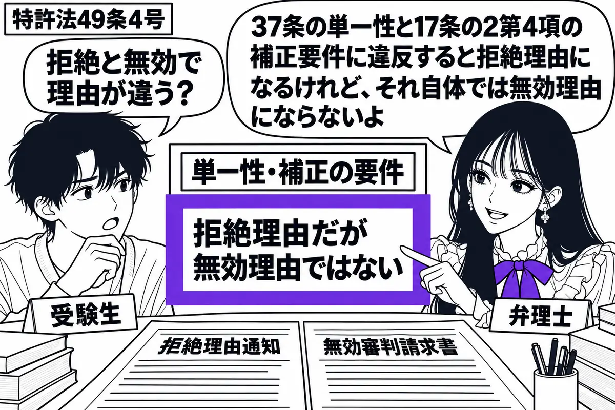 先生が右の相談机に立つ弁理士役(札「弁理士」)。左に受験生(札「受験生」)。机には拒絶理由通知と無効審判請求書を並べる。中央の「単一性・補正の要件」の札に付けた「拒絶理由だが無効理由ではない」の付箋をヴァイオレットの枠で囲み、先生が指す。先