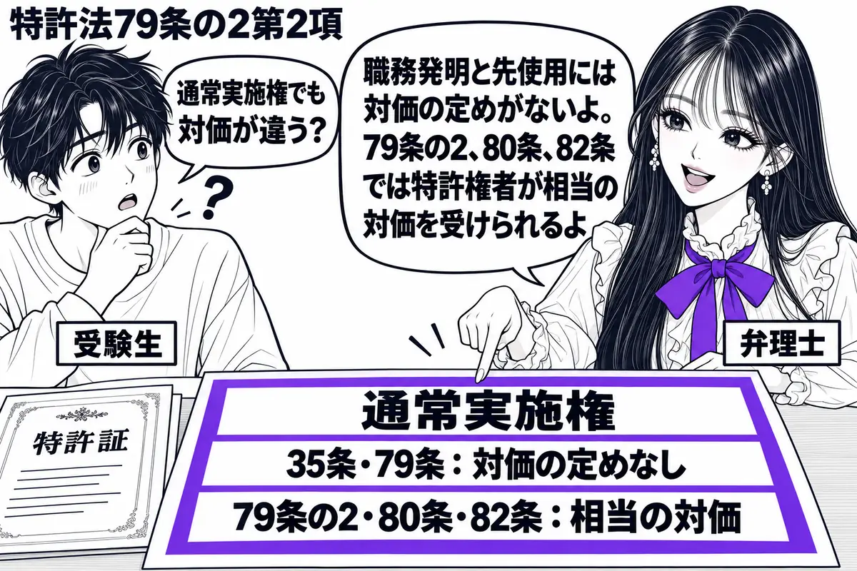 先生が右の相談机に立つ弁理士役(札「弁理士」)。左に受験生(札「受験生」)。机に特許証と通常実施権の比較表を広げる。表の「35条・79条:対価の定めなし」「79条の2・80条・82条:相当の対価」の二段全体をヴァイオレットの枠で囲む。先生の