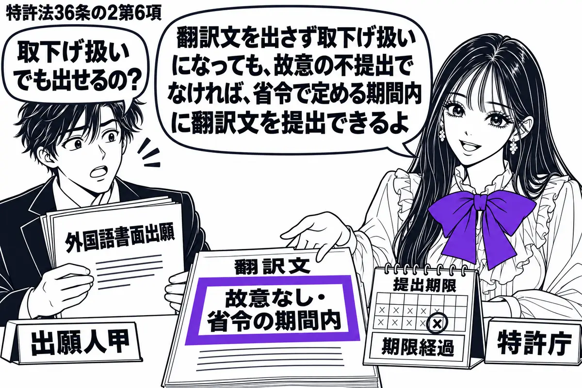 先生が右の受付にいる特許庁役(札「特許庁」)。左に外国語書面出願の書類を抱えた男性(札「出願人甲」)。机には提出期限を過ぎた暦と翻訳文があり、翻訳文の「故意なし・省令の期間内」の付箋をヴァイオレットの枠で囲む。先生が翻訳文を受け取ろうと手を