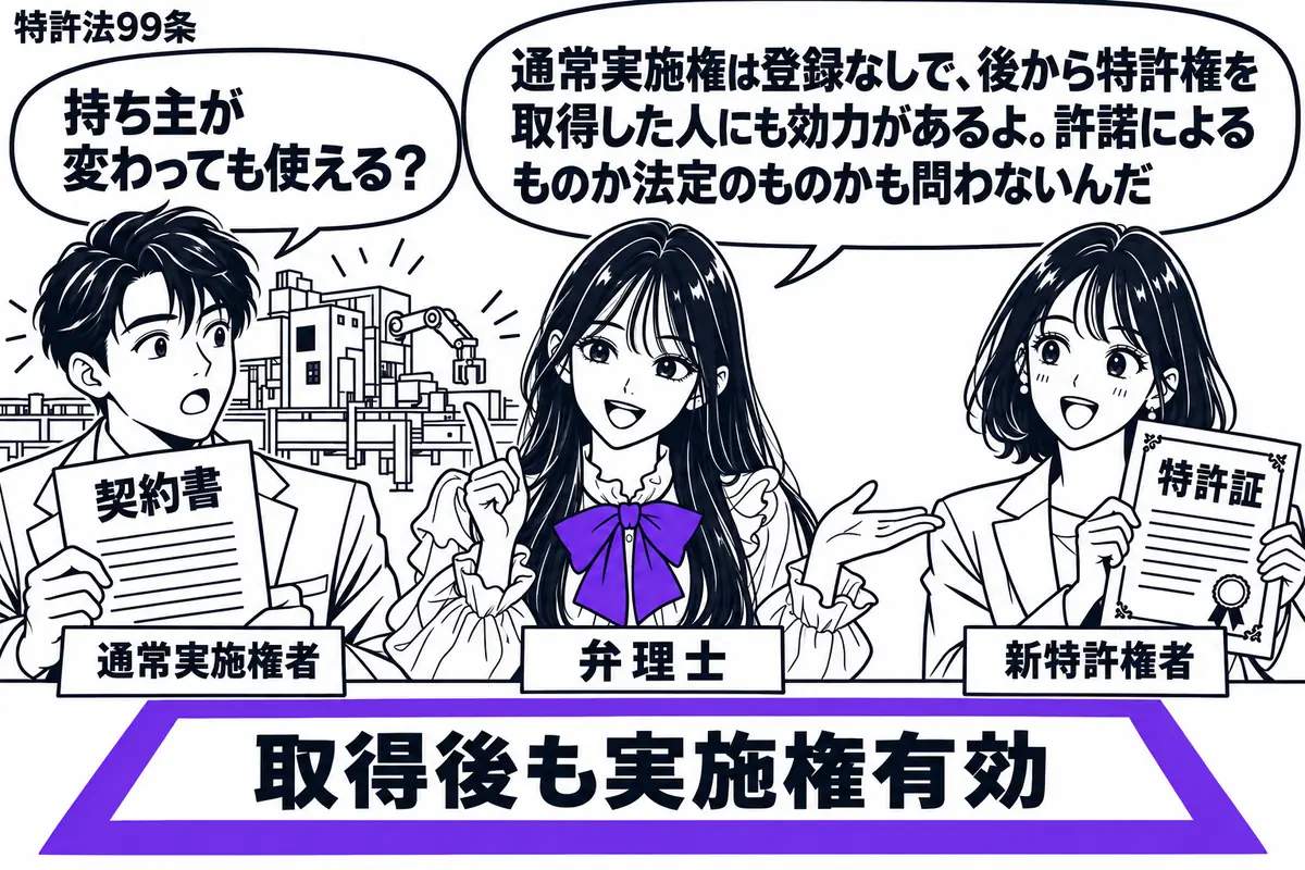 先生が中央の相談机にいる弁理士役(札「弁理士」)。左の男性(札「通常実施権者」)が契約書を持ち、右の女性(札「新特許権者」)が特許証を持つ。机の「取得後も実施権有効」の付箋をヴァイオレットの枠で囲み、男性の背後には稼働中の機械を描く。先生の