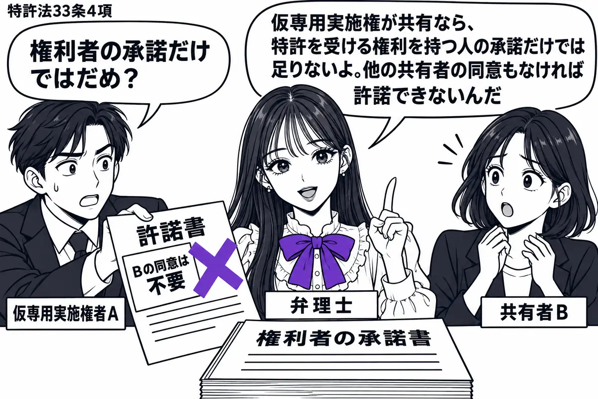 先生が中央の弁理士役(札「弁理士」)。左に許諾書を差し出す男性(札「仮専用実施権者A」)、右に驚く女性(札「共有者B」)。机には権利者の承諾書があるが、許諾書の付箋「Bの同意は不要」にヴァイオレットの×印。先生の吹き出し「仮専用実施権が共有