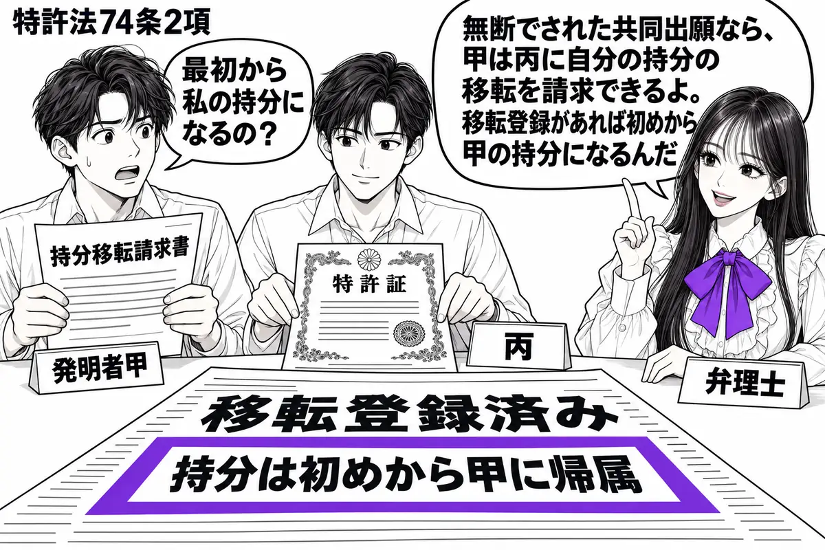 先生が右の相談机にいる弁理士役(札「弁理士」)。左の男性(札「発明者甲」)が持分移転の請求書を持ち、隣の男性(札「丙」)が特許証を置く。机には移転登録済みの通知を広げ、その「持分は初めから甲に帰属」の欄をヴァイオレットの枠で囲む。先生の吹き