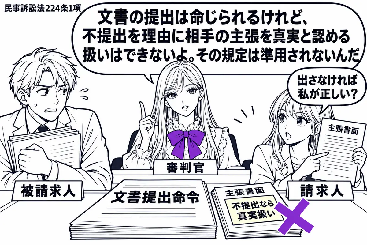 先生が奥の審判席にいる審判官役（札「審判官」）。左に文書を抱えて提出を渋る男性（札「被請求人」）、右に主張書面を示す女性（札「請求人」）。机の文書提出命令の横で、主張書面の付箋「不提出なら真実扱い」にヴァイオレットの×印。先生の吹き出し「文