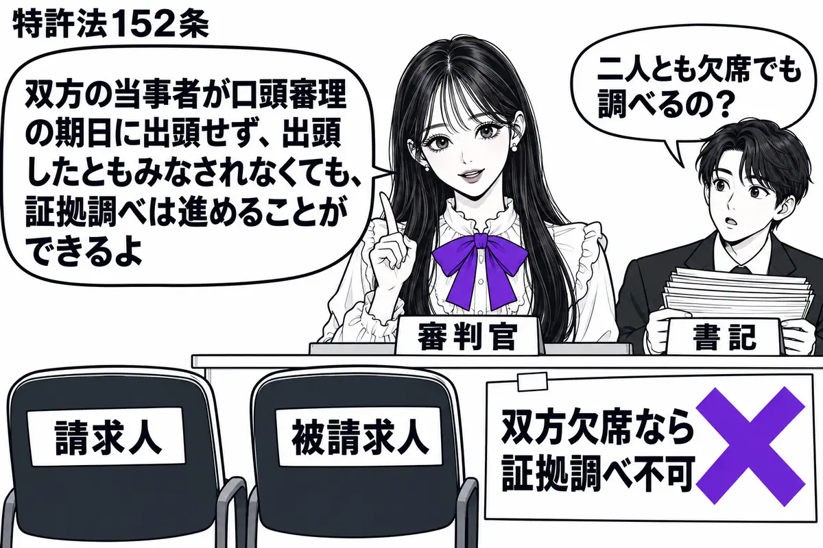 先生が中央の審判席にいる審判官役（札「審判官」）。手前に空席を二つ置き、札「請求人」「被請求人」を掛ける。右の男性（札「書記」）が証拠書類を運び、机の付箋「双方欠席なら証拠調べ不可」にヴァイオレットの×印。先生の吹き出し「双方の当事者が口頭