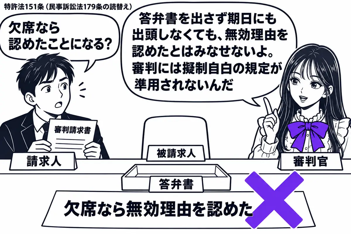 先生が右の審判席にいる審判官役（札「審判官」）。左に審判請求書を持つ男性（札「請求人」）、隣は空席（札「被請求人」）。空の答弁書受けの前に「欠席なら無効理由を認めた」の付箋を置き、ヴァイオレットの×印を付ける。先生の吹き出し「答弁書を出さず