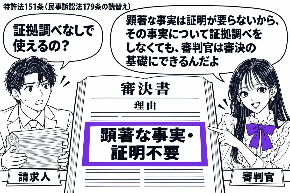 先生が右の審判席にいる審判官役（札「審判官」）。左の男性（札「請求人」）が証拠資料の束を抱える。中央に審決書を開き、理由欄の「顕著な事実・証明不要」をヴァイオレットの枠で囲む。先生はその欄を指し、男性は資料を机に置こうとしている。先生の吹き