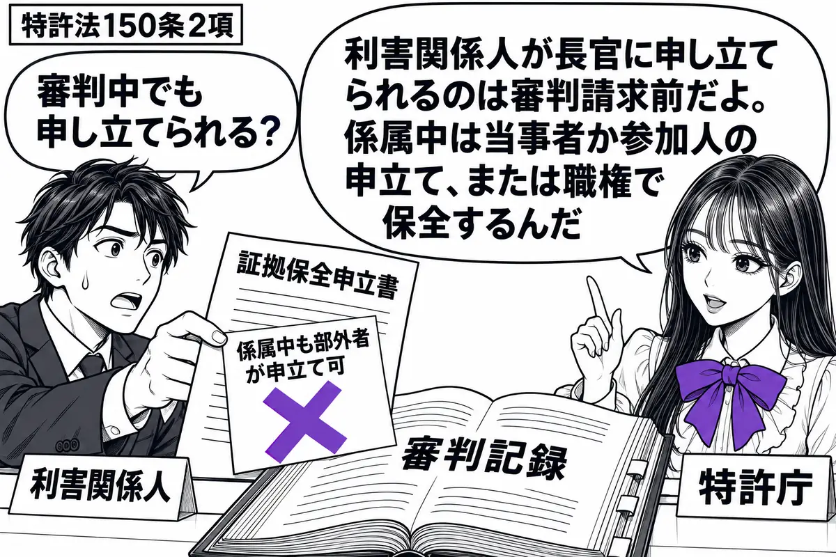 先生が右の窓口にいる特許庁役（札「特許庁」）。左に男性（札「利害関係人」）が証拠保全申立書を差し出す。中央に開いた審判記録を置き、申立書の付箋「係属中も部外者が申立て可」にヴァイオレットの×印。先生の吹き出し「利害関係人が長官に申し立てられ
