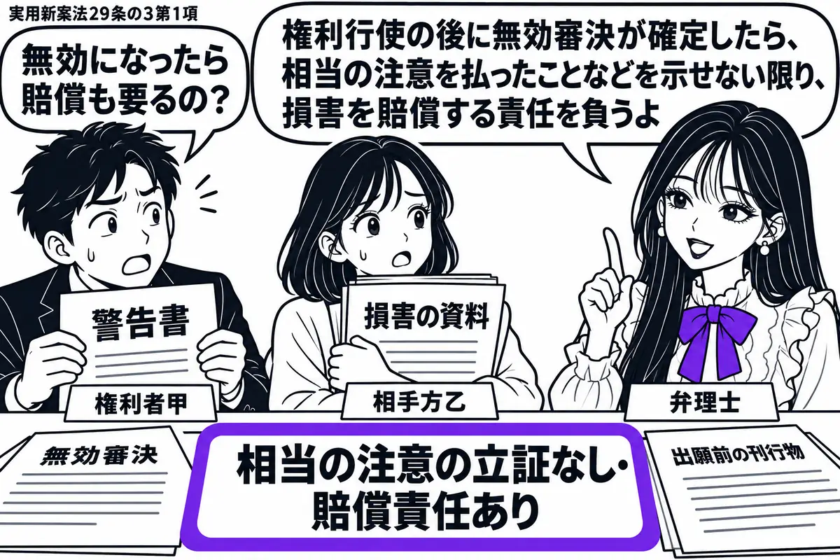 先生が弁理士役(札「弁理士」)で机の右。左に警告書を持つ男性(札「権利者甲」)、中央に損害の資料を抱えた女性(札「相手方乙」)。机には無効審決の書類と出願前の刊行物を並べ、「相当の注意の立証なし・賠償責任あり」の付箋をヴァイオレットの枠で囲