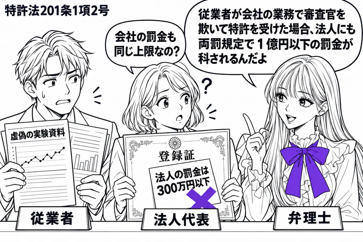 先生が弁理士役（札「弁理士」）で机の右。左に虚偽の実験資料を持つ男性（札「従業者」）、中央に登録証を抱える女性（札「法人代表」）。登録証に添えた「法人の罰金は300万円以下」の付箋にヴァイオレットの×印。先生は法人代表へ向けて説明する。先生