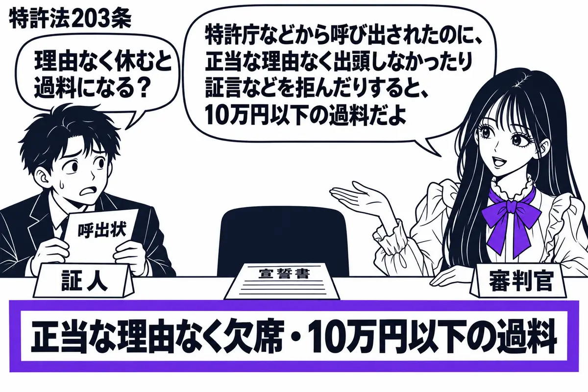 先生が審判官役（札「審判官」）で右の机。左に呼出状を持って困る男性（札「証人」）、中央には空席と使われなかった宣誓書。机の「正当な理由なく欠席・10万円以下の過料」の付箋をヴァイオレットの枠で囲む。先生は呼出状と空席を見比べて説明する。先生