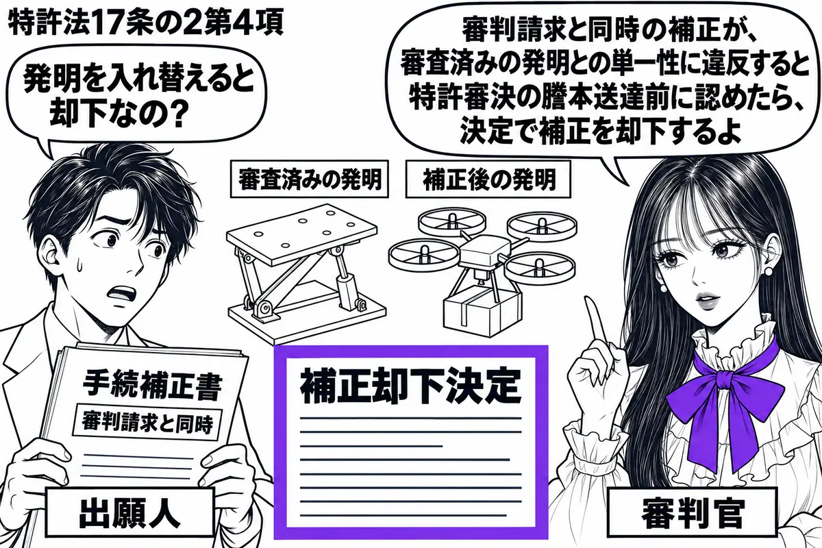先生が審判官役(札「審判官」)で右。左の男性(札「出願人」)が審判請求と同時の手続補正書を持つ。中央に審査済みの発明と補正後の発明の図を離して置き、「補正却下決定」の書類をヴァイオレットの枠で囲む。先生の吹き出し「審判請求と同時の補正が、審