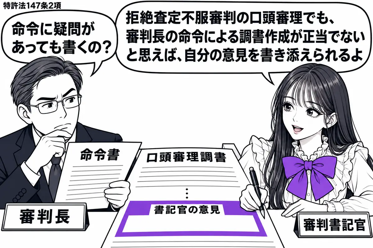 先生が調書を作る役（札「審判書記官」）で右側。左に命令書を持つ男性（札「審判長」）、中央の机に「口頭審理調書」を広げる。先生は命令書を見ながら、調書の末尾にある「書記官の意見」欄へペンを向け、その欄をヴァイオレットの枠で囲む。先生の吹き出し