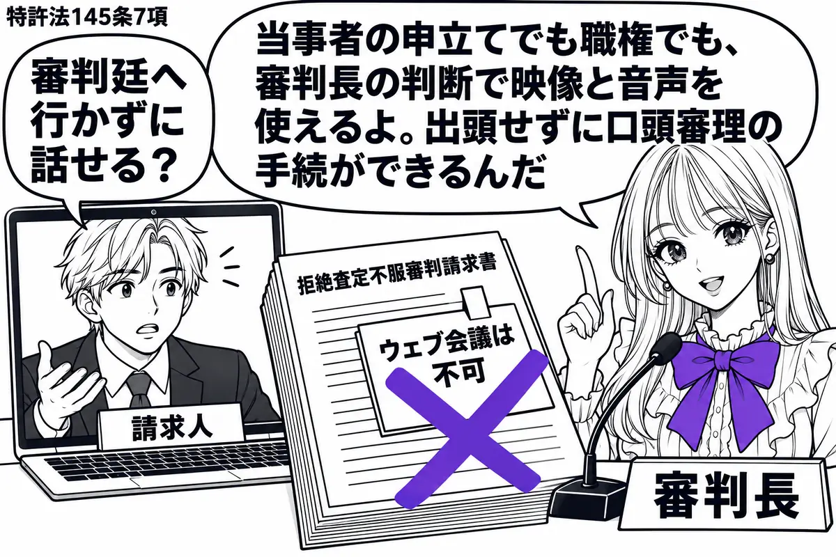 先生が口頭審理を進める役（札「審判長」）で右側に座る。左のパソコン画面に自宅から参加する男性（札「請求人」）が映り、机には「拒絶査定不服審判請求書」とマイクがある。書類の付箋「ウェブ会議は不可」にヴァイオレットの×印。先生の吹き出し「当事者