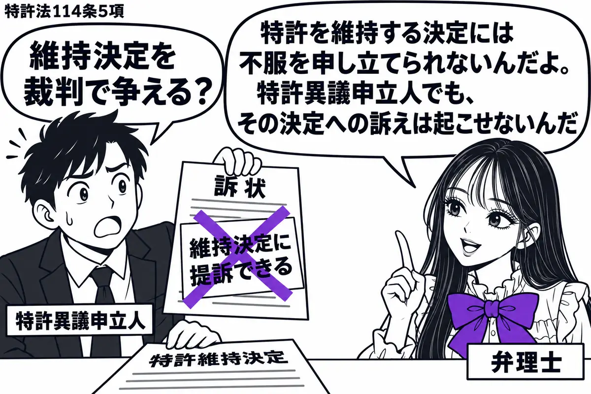 先生が相談を受ける役(札「弁理士」)で右側に立つ。左の男性(札「特許異議申立人」)が「特許維持決定」を机に置き、もう一方の手で「訴状」を持ち上げている。訴状の付箋「維持決定に提訴できる」に大きなヴァイオレットの×印。先生の吹き出し「特許を維