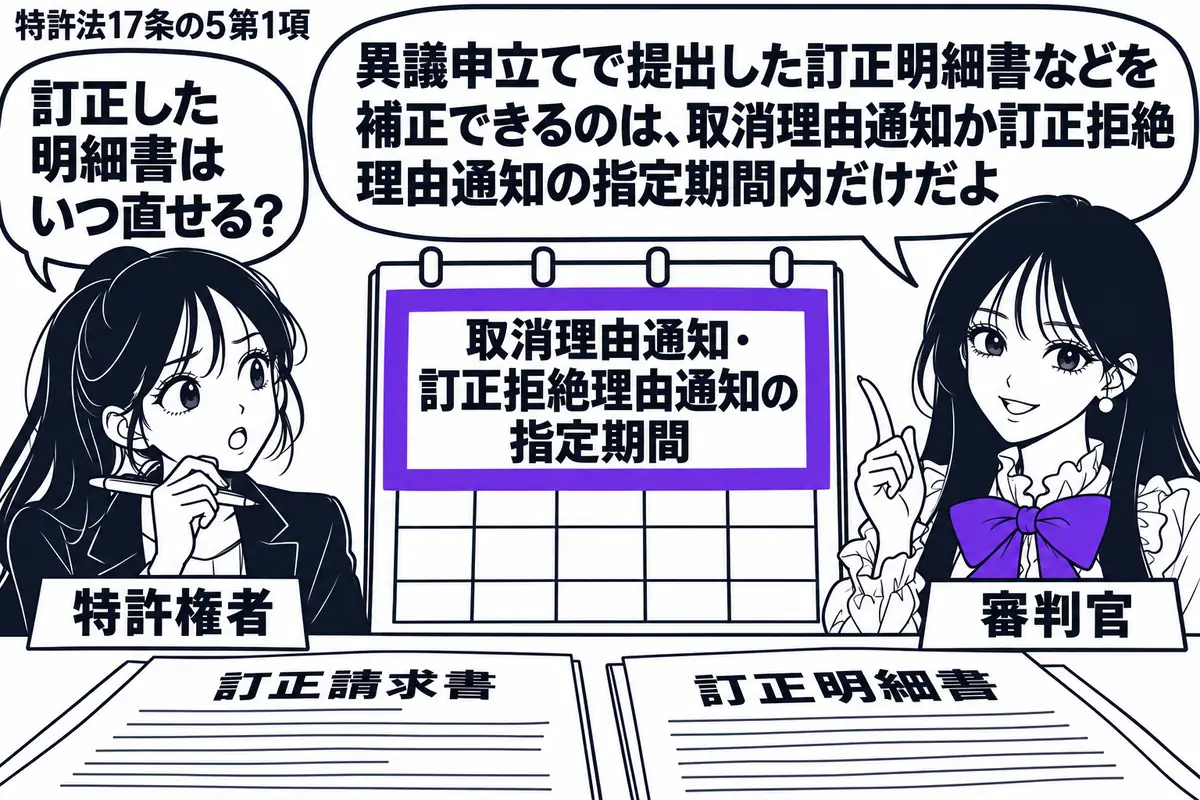 先生が異議事件を扱う役(札「審判官」)で右側。左にペンを持つ女性(札「特許権者」)。中央の机に「訂正請求書」と添付の「訂正明細書」を広げる。横の予定表には「取消理由通知・訂正拒絶理由通知の指定期間」と書き、その期間欄をヴァイオレットの枠で囲